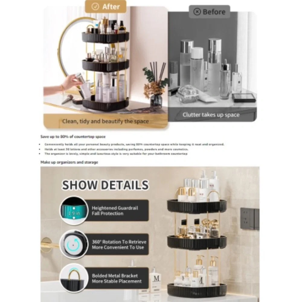 3 Tiers - 360° Turntable Makeup Organizer - Lazy Susan Cosmetics Storage